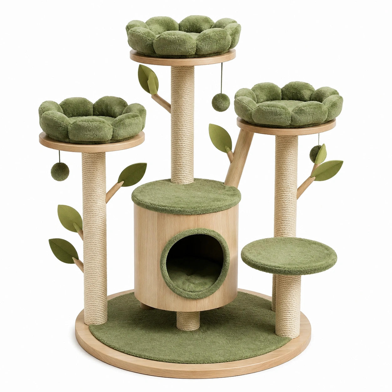 Árbol para gatos de madera con camas verdes y postes de sisal 120x60 cm