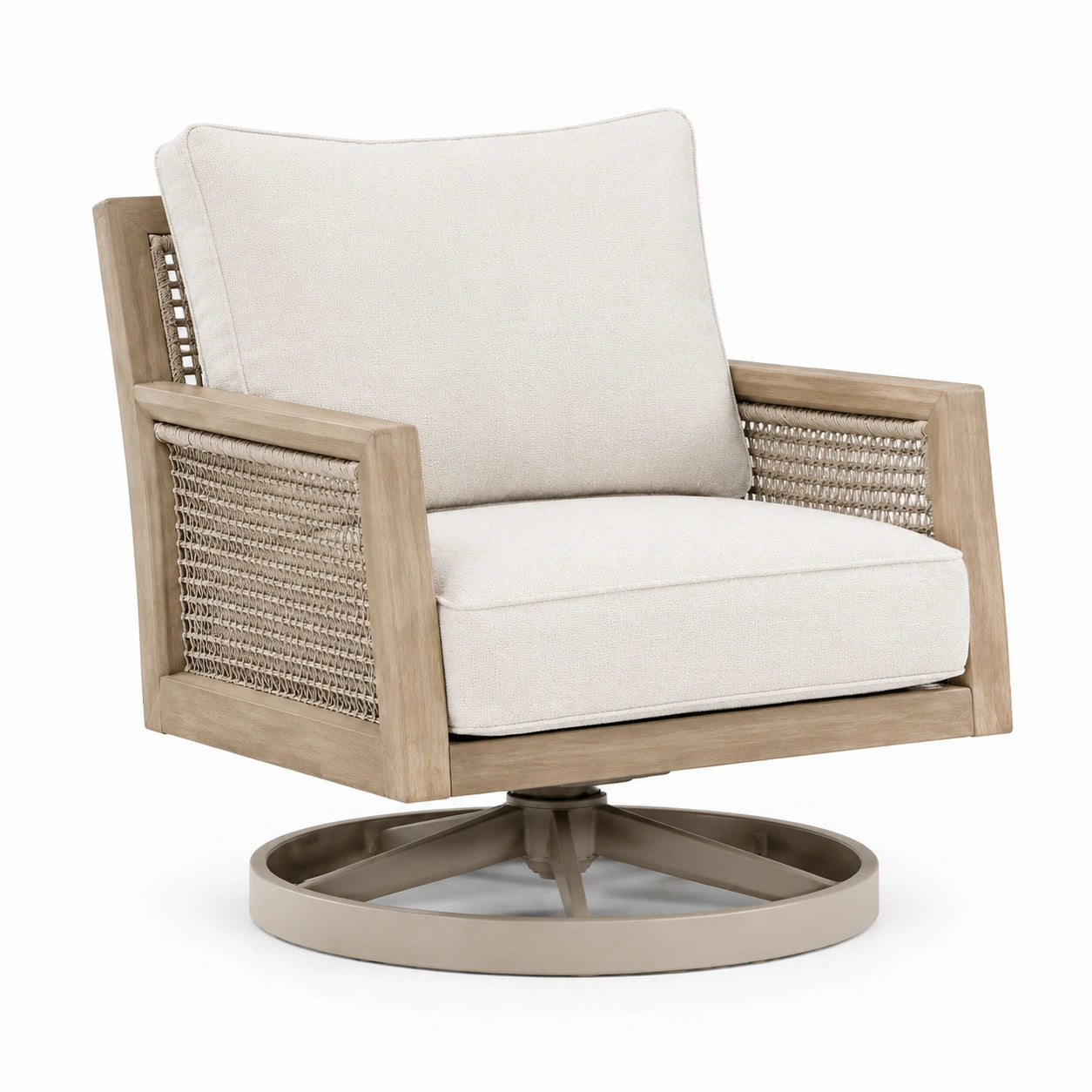 Silla giratoria de madera con cojines de tela beige