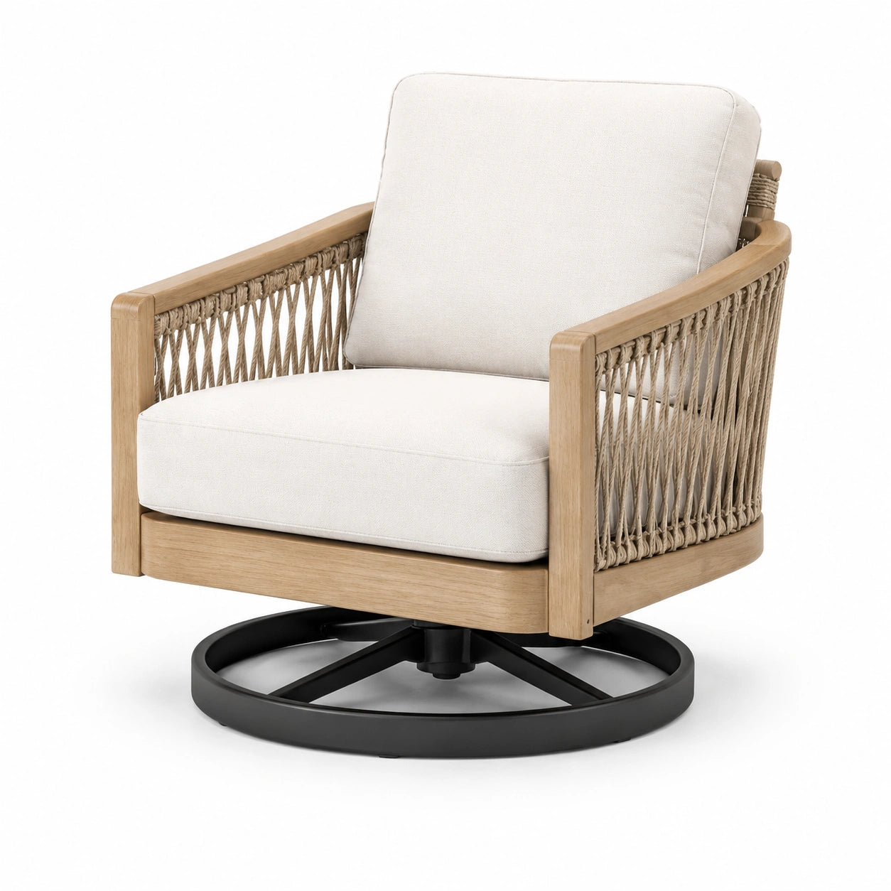 Silla giratoria de madera con cojín beige y base de aluminio negro