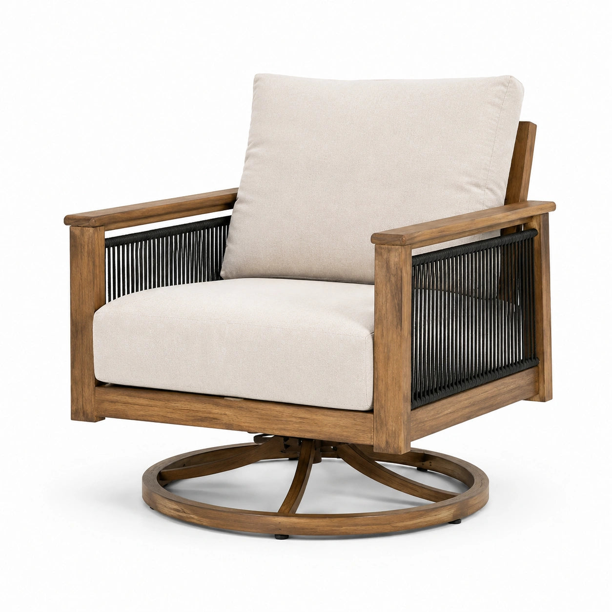 Silla giratoria de madera y cuerda con cojines de poliéster beige