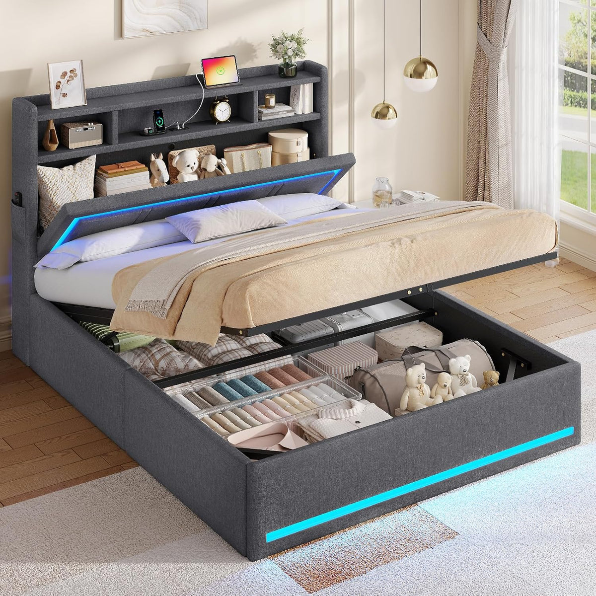 cama, gris, AOGLLATI, Estructura Matrimonio con Canapé Abatible 140x200 Gris Oscuro