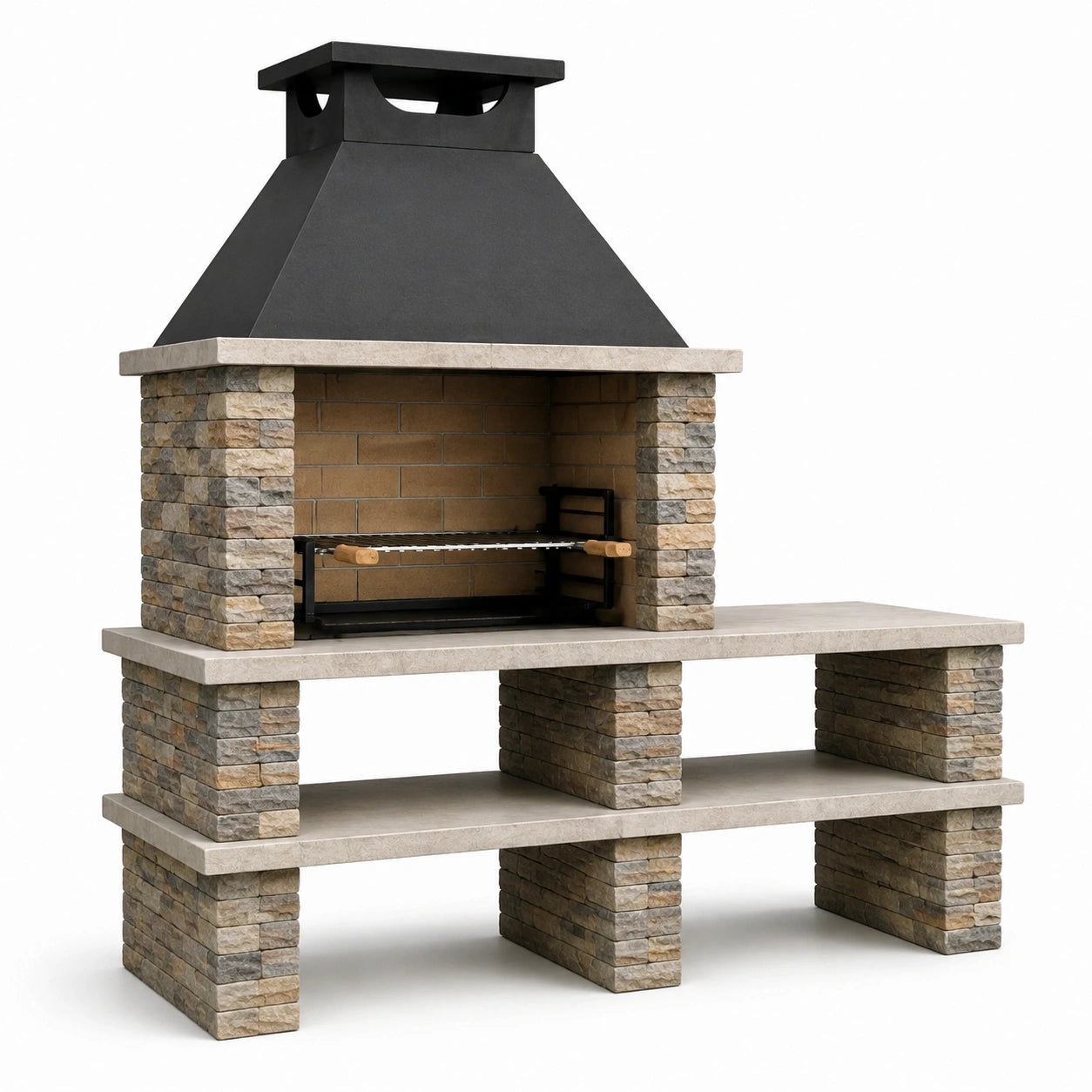 Barbacoa de ladrillo con campana de acero negro para uso exterior