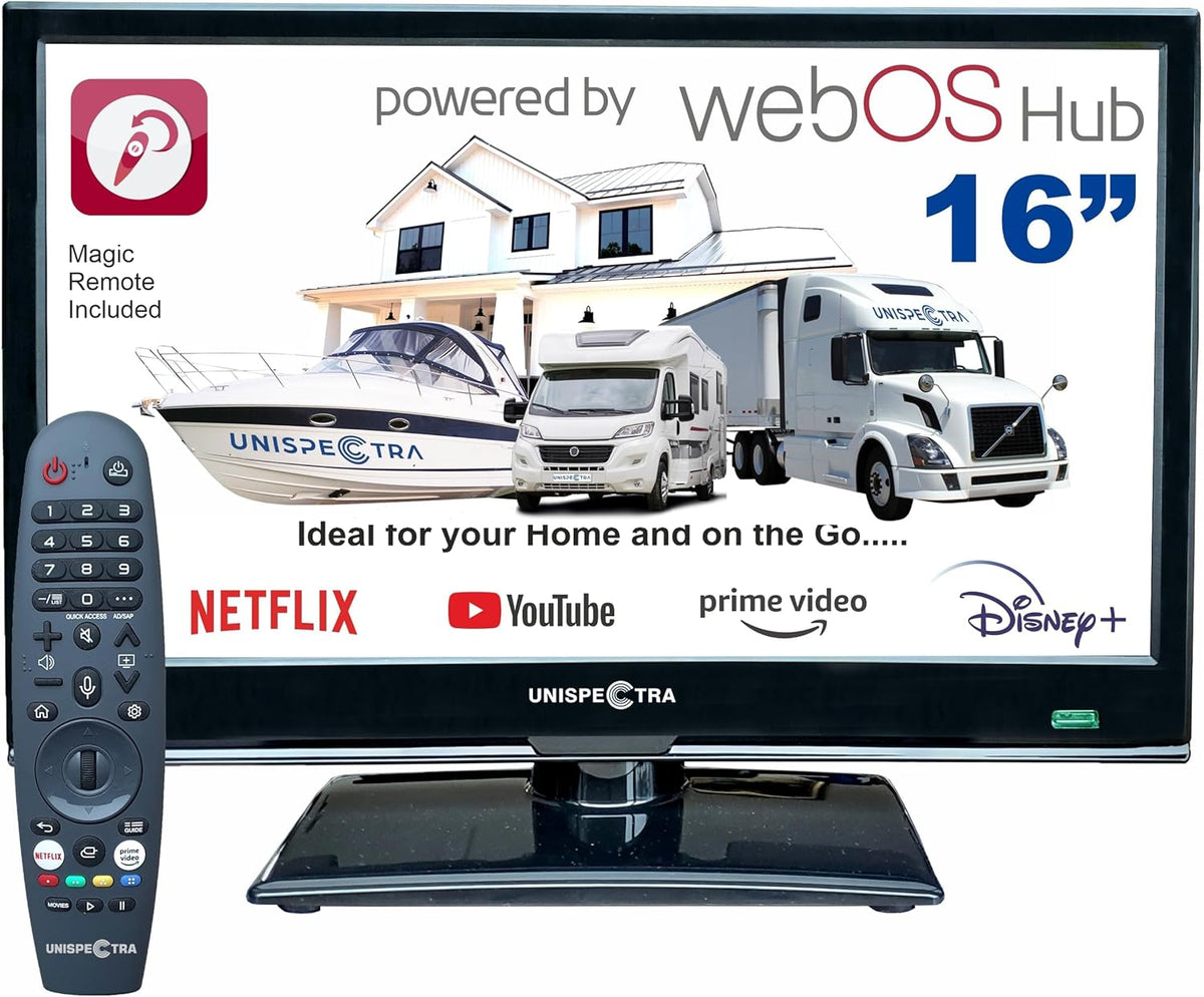 Smart TV, 75 × 75 mm, 12V, control inteligente, Unispectra, 3X HDMI, 2X USB, Magic Remote. Televisores de 12V para Autocaravanas