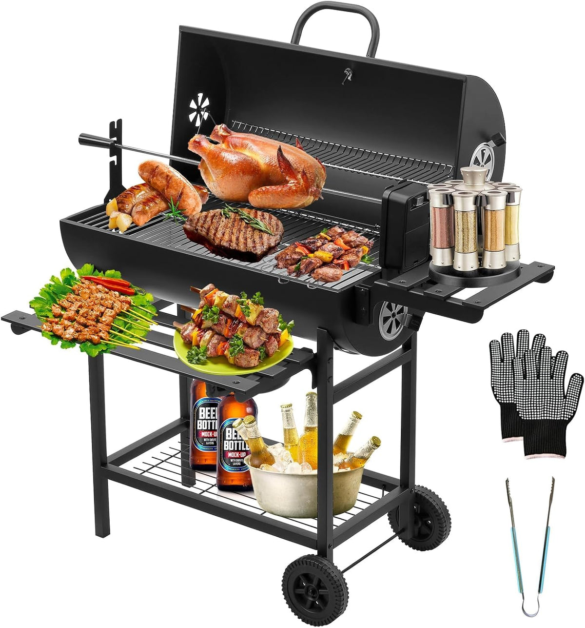 barbacoa, 105,5 × 85 × 118 cm, regulable, madera, TEENO, Parrilla Barbacoa con Rejilla de Cocción XXL