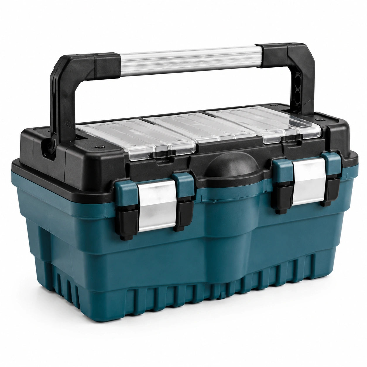 Caja de herramientas de plástico con asa de aluminio y organizadores transparentes 40x22x27 cm
