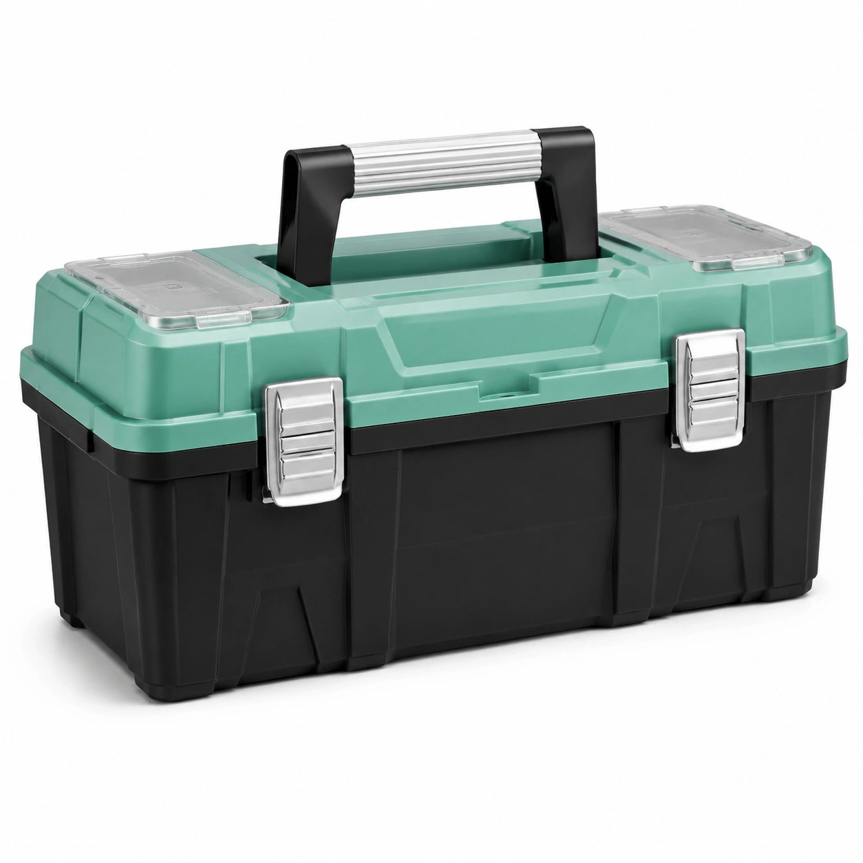 Caja de herramientas de plástico negro y verde con cierres metálicos