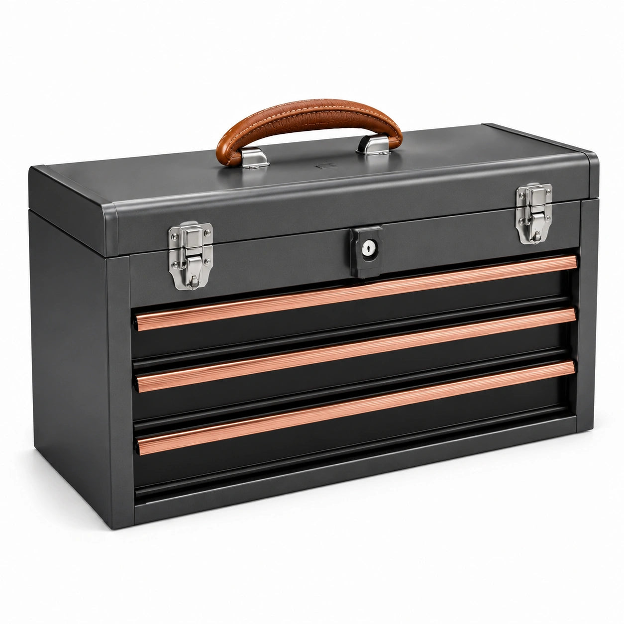 Caja de herramientas de acero negro con asa de cuero y detalles en cobre