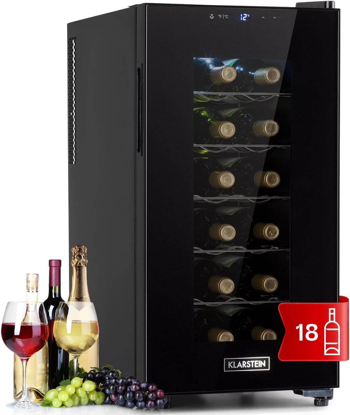 KLARSTEIN Enfriadores de botellas, 22°C, vidrio, 18 Botellas, Vinoteca Pequeña Interior y Exterior con Puerta de Cristal, 4-22°C