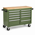 Carro de herramientas de metal verde con encimera de madera
