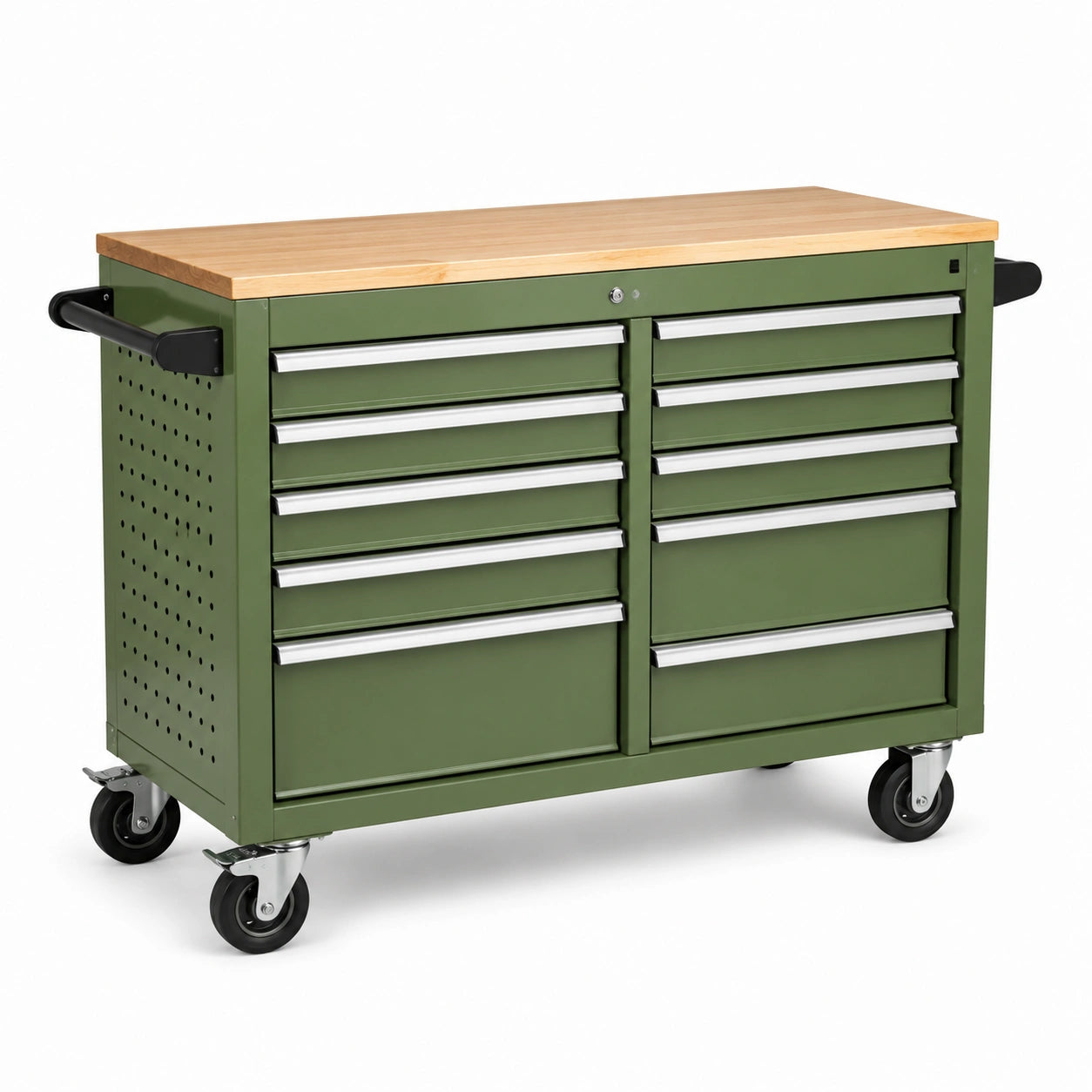 Carro de herramientas de metal verde con encimera de madera