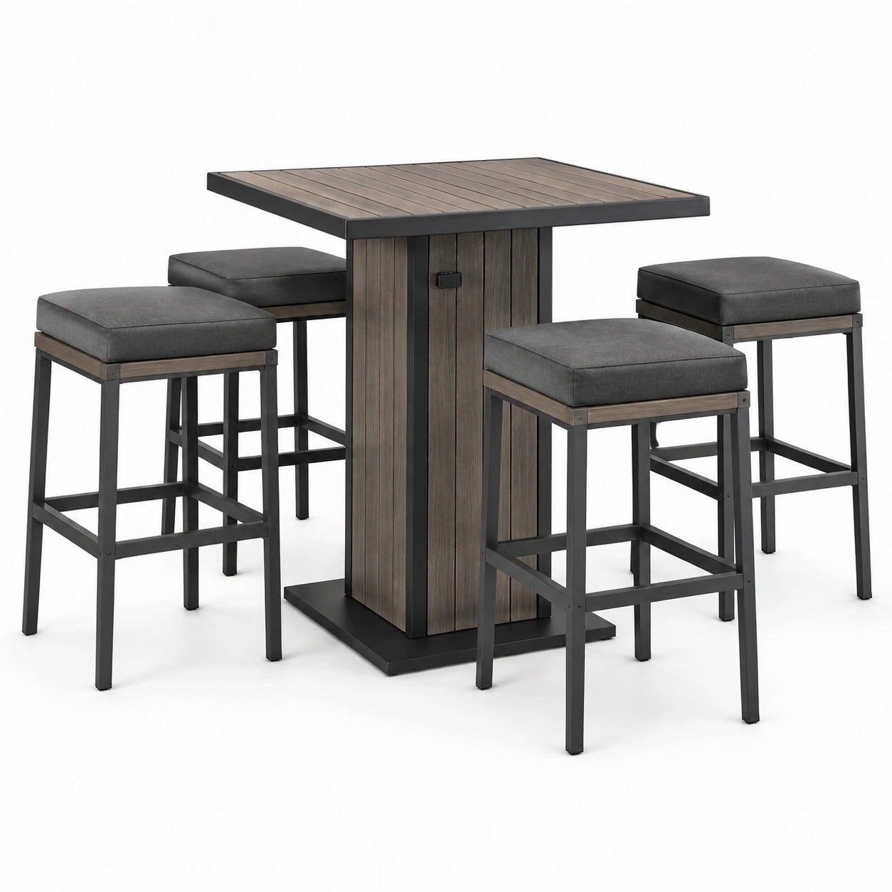 Juego de mesa alta de madera compuesta con taburetes de poliéster gris