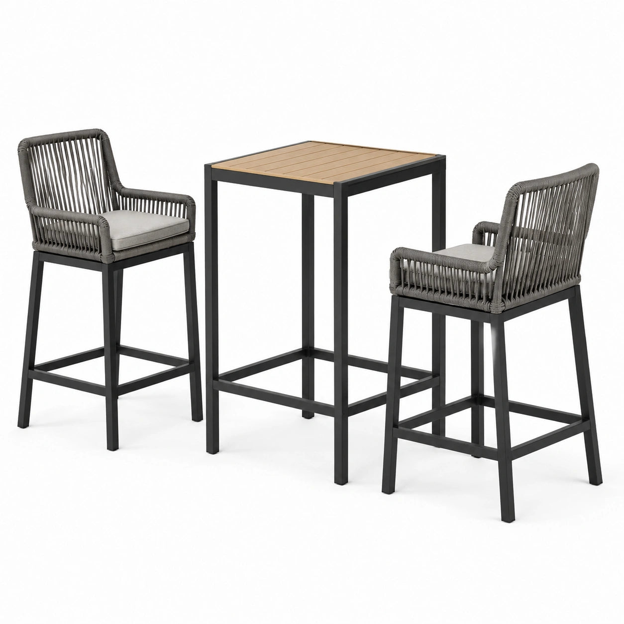 Conjunto de bar de aluminio con mesa cuadrada y taburetes de cuerda textil