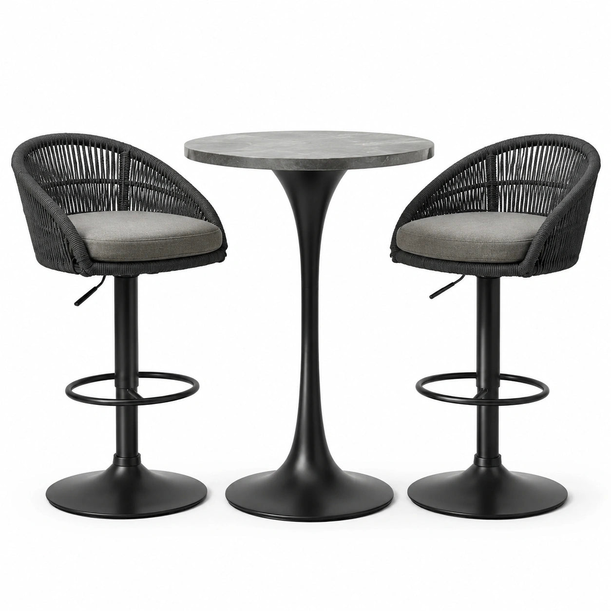 Set de bar con mesa redonda de MDF y taburetes de cuerda sintética negra