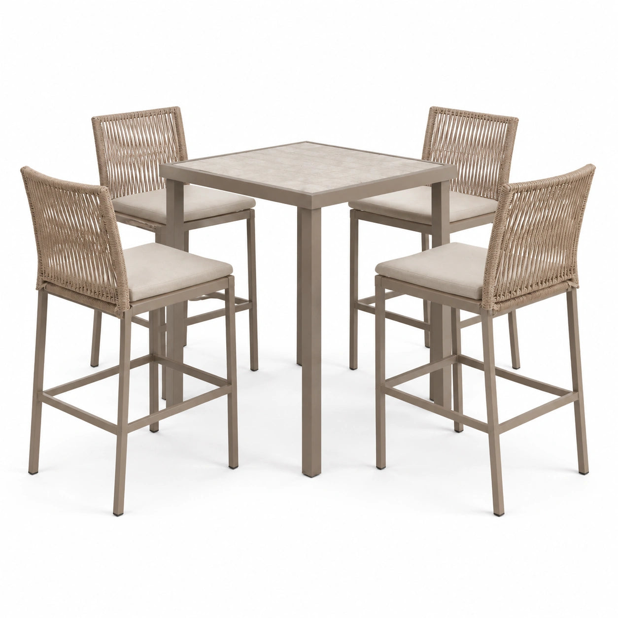 Conjunto de bar de aluminio y ratán sintético beige con mesa cuadrada y 4 sillas