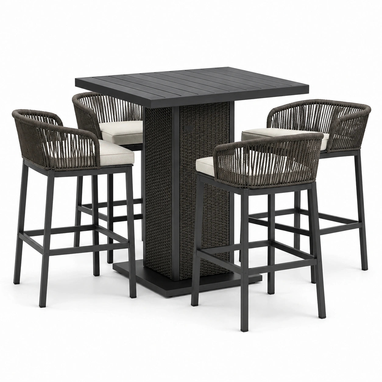 Conjunto de barra de aluminio con sillas de cuerda tejida y cojines grises