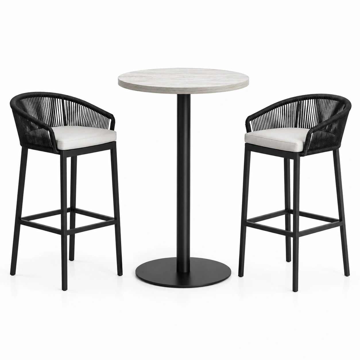 Conjunto de bar con mesa redonda y sillas altas de metal negro y cuerda
