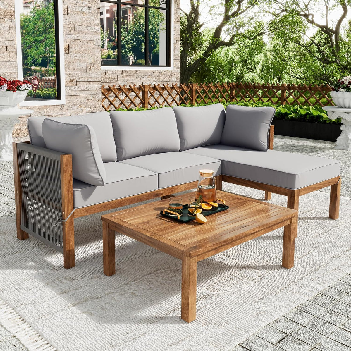 sofá, 175 × 58 × 80 cm, madera, para el jardín, para la terraza, Merax, 4 personas, muebles de balcón con mesa y cojines