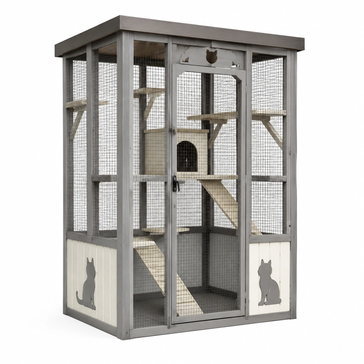 Jaula para gatos de madera con malla de acero 183x122x122 cm gris