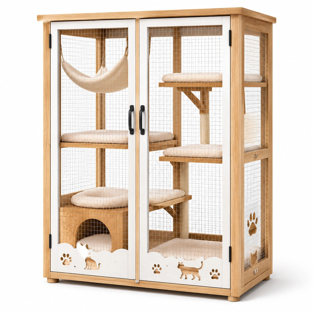 Jaula para gatos de madera y metal con plataformas y puertas de malla