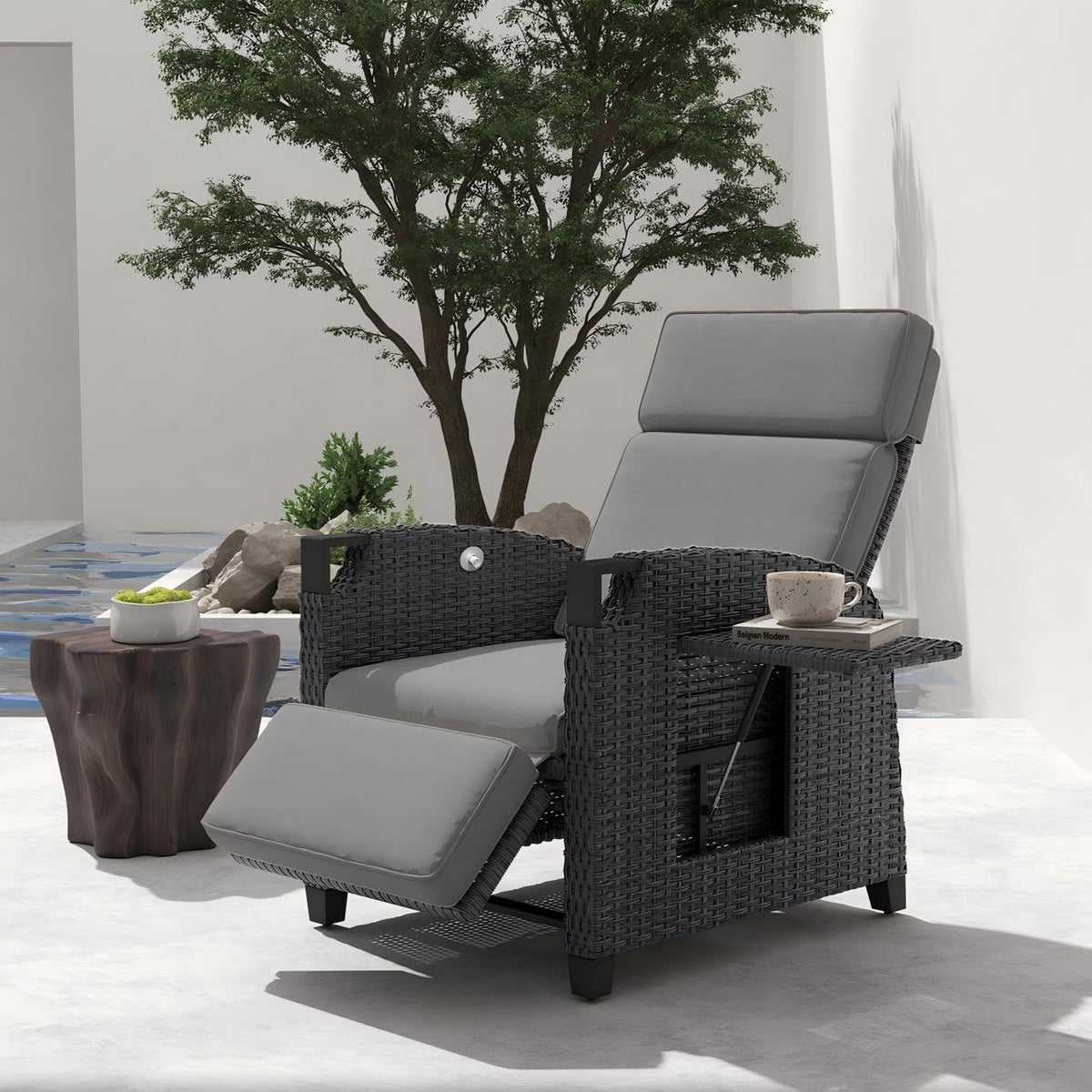 sillón, 73 × 84 × 106 cm, regulable, gris, para el jardín, UDPATIO, Tumbona de Jardín Ajustable 150°, con Respaldo Ajustable