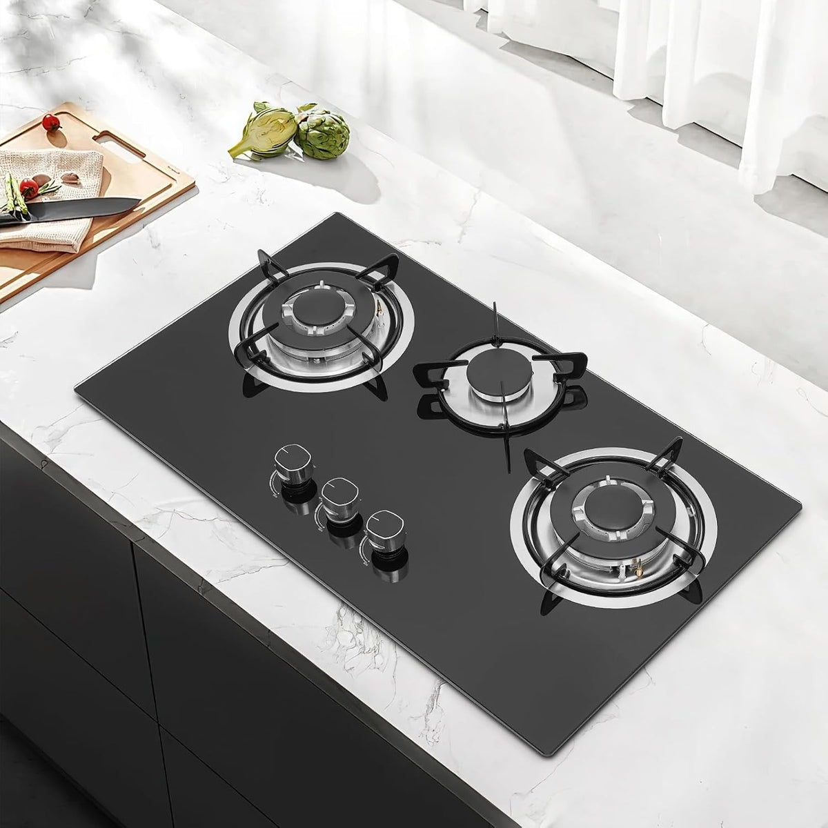 horno, aluminio, vidrio, negro, GIDRLL, Hornillo de gas de cristal con 3 quemadores, estufa de gas para GLP/GN, incluye soporte para ollas