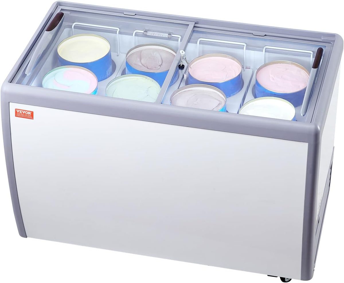 Neveras de exposición, 1260 × 715 × 875 mm, 370 L, vidrio, blanco, VEVOR, VEVOR Vitrina Comercial para Helado, Congelador Horizontal de 370 L