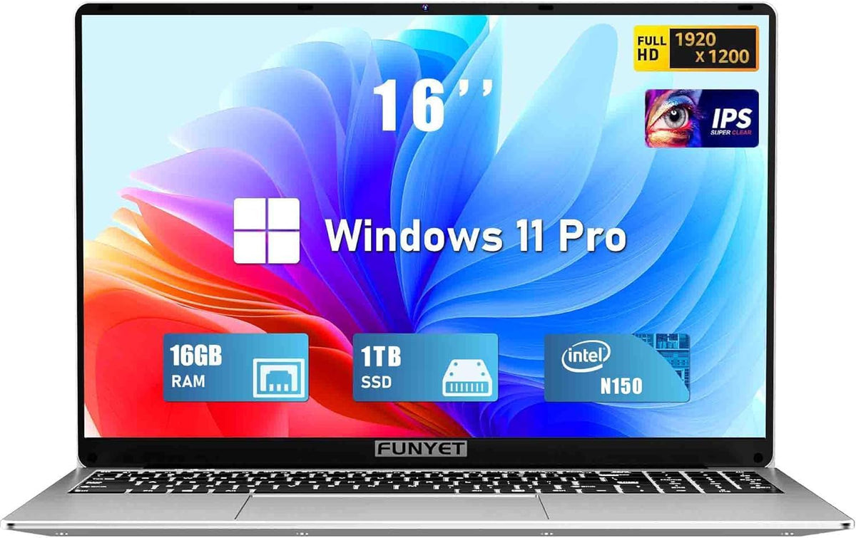 Portátiles tradicionales N150, FUNYET, portátiles para juegos 2026, PC de 16 pulgadas con Windows 11 Pro, 16 GB de RAM 1 TB SSD, Office 365