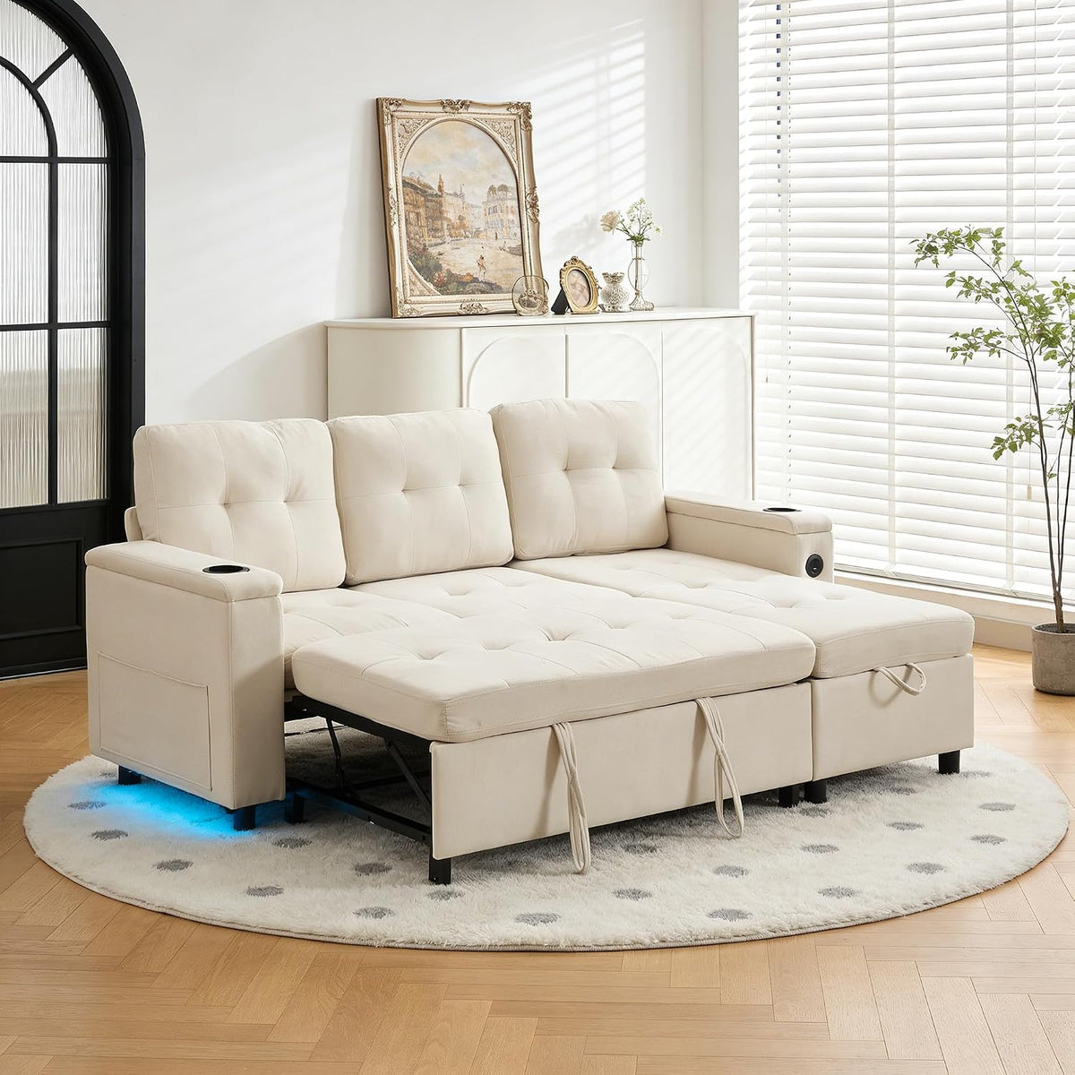 sofá, 208 cm, con iluminación LED, plegable, beige, Wyibwy, sofá Cama de 3 plazas, sofás Plegables de 3 plazas
