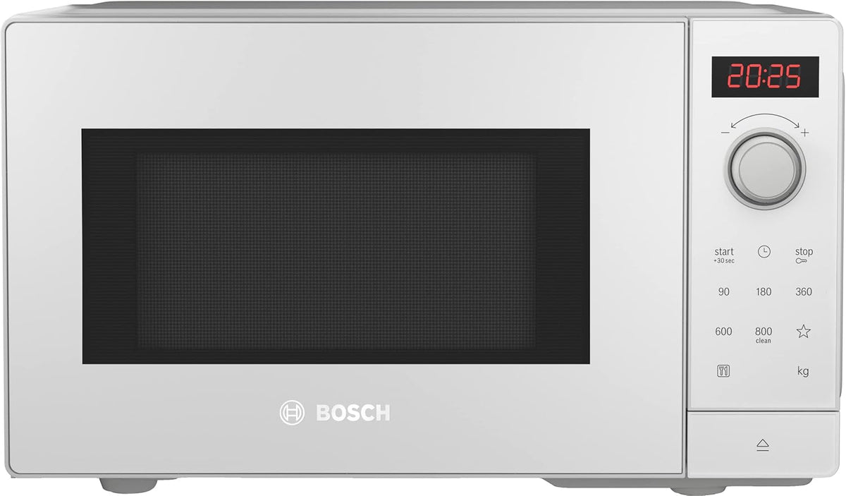 Bosch FFL023MW0 Microondas sencillos, 26 × 44 cm, 800 W, con iluminación LED, blanco, 26 x 44 cm, plato giratorio de 27 cm, pantalla táctil LED