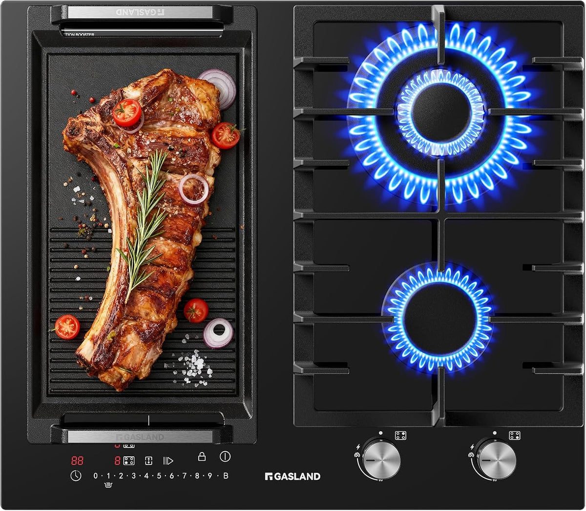 placa de inducción GIH604BF, 60 cm, 5200 W, 3500 W, vidrio, negro, GASLAND, Gas 5200 W con quemador wok