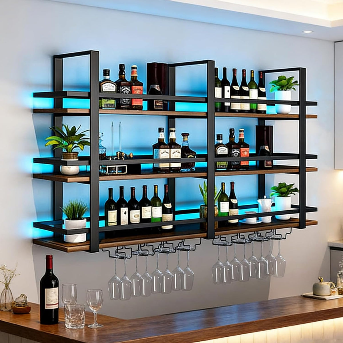 Botelleros, 140 × 22 × 120cm, con iluminación LED, con estantes, metal, para la cocina, DSVONAUS