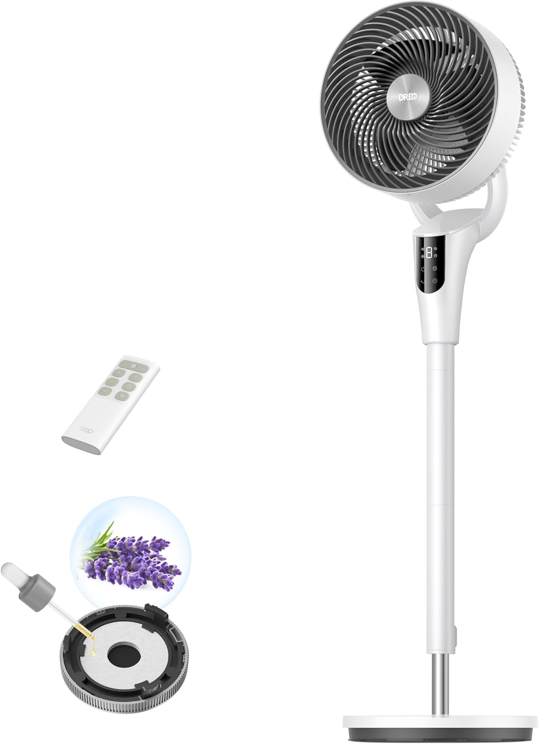 Ventiladores de pedestal, 106 cm, 20dB, para el dormitorio, DREO, Flujo de Aire 27m, Oscilación 90°, 8 Velocidades, 3 Modos, Altura 96