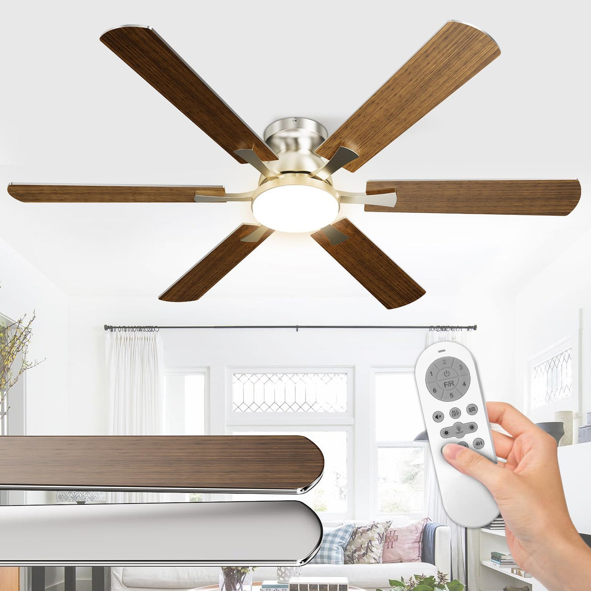 Ventiladores para el techo con lámpara, 132cm, con iluminación LED, con mando a distancia, madera, para el dormitorio, para el salón, Airwit