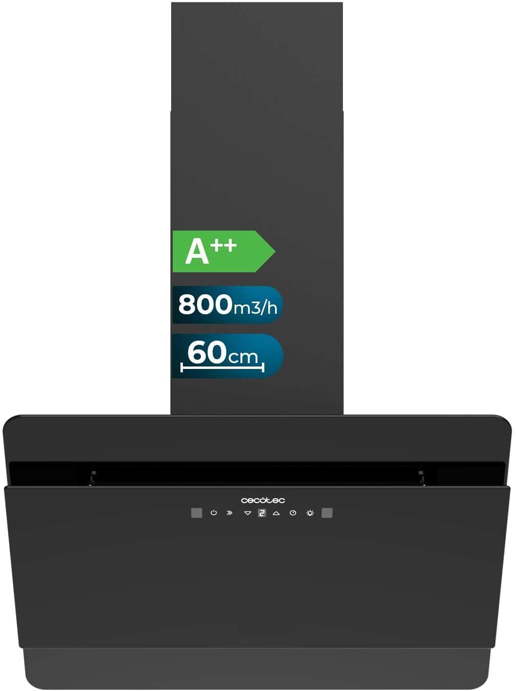 Campanas de pared, 60cm, 210W, vidrio, negro, Cecotec, Succión 800m3/h, 3 Niveles + Booster
