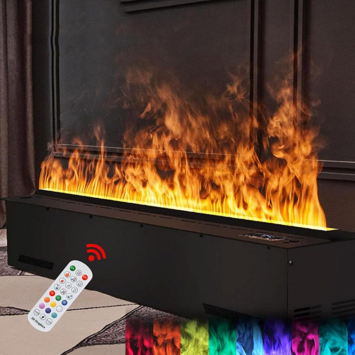 Chimeneas, 80 cm, regulable, acero inoxidable, Chimenea de vapor de agua 3D, llama atomizada realista con 9 colores ajustables