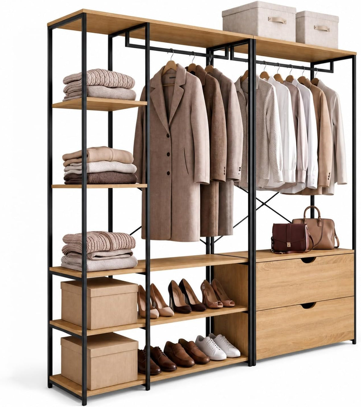armario, 167 cm, con cajones, IDMarket, Armario modular doble con barras para colgar, estanterías y 2 cajones DETROIT diseño industrial