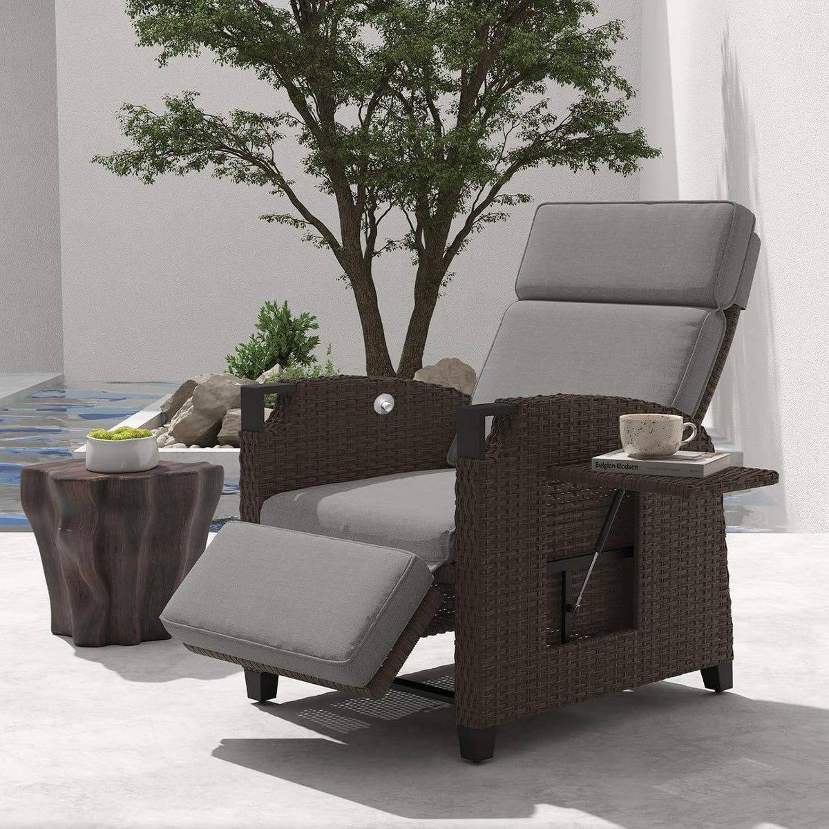 sillón, 73 × 84 × 106 cm, regulable, marrón, para el jardín, UDPATIO, Tumbona de Jardín Ajustable 150°, con Respaldo Ajustable