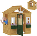 Casas de juguete, 134,5 × 97 × 150 cm, madera, marrón, AIYAPLAY, casa infantil exterior con puerta, 2 bandejas de flores, 5 x 97 x 150 cm