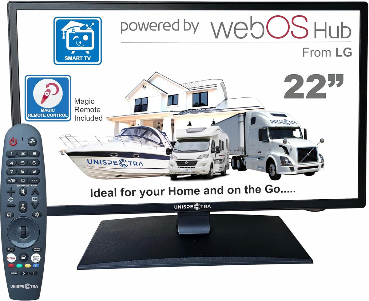 Smart TV, 100 × 100 mm, 12 V, control inteligente, Unispectra, 3X HDMI, 2X USB, Magic Remote. Televisores de 12 V para autocaravanas