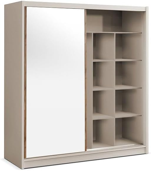 armario, 203 cm, beige, Vente-unique, Armario con 2 puertas correderas, con espejo