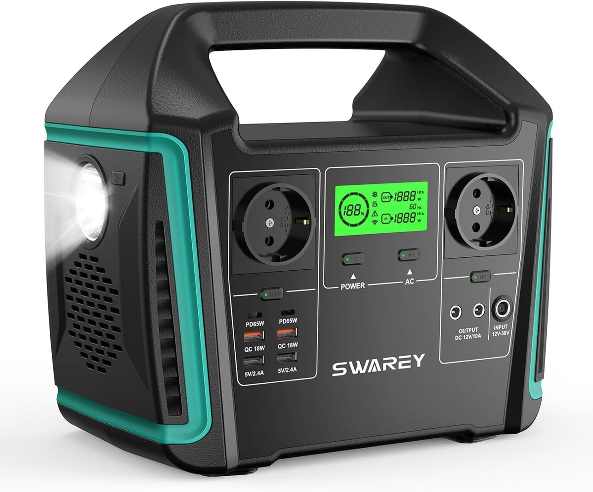 Generadores S1000, 24.5cm, 725Wh, 1000W, 1500W, inalámbrico, SWAREY, Estación de Energía Portátil S1000, Generador Solar 725Wh, 2 Puertos USB-C de 65W