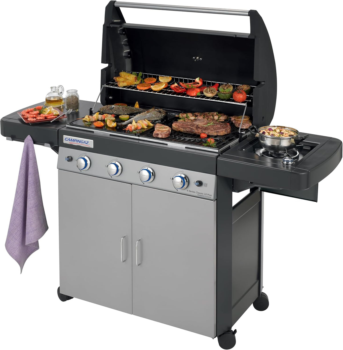 barbacoa, 160 × 59.8 × 115.6 cm, 12.8kW, acero inoxidable, negro, CAMPINGAZ, Campingaz 4 Series Classic LS Plus Barbacoa a gas, 4 Ruedas