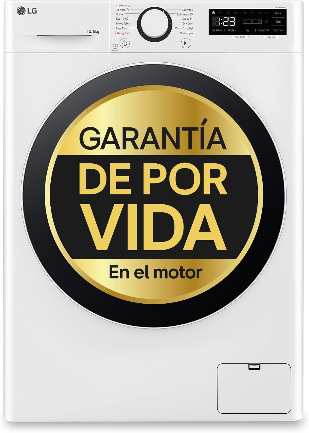 LG F4DR6010A0W lavadora, 6kg, blanco, 10/6kg, 1400rpm, TurboWash 360o, Un 10% más eficiente que A(lavado) /D(secado), Serie 600