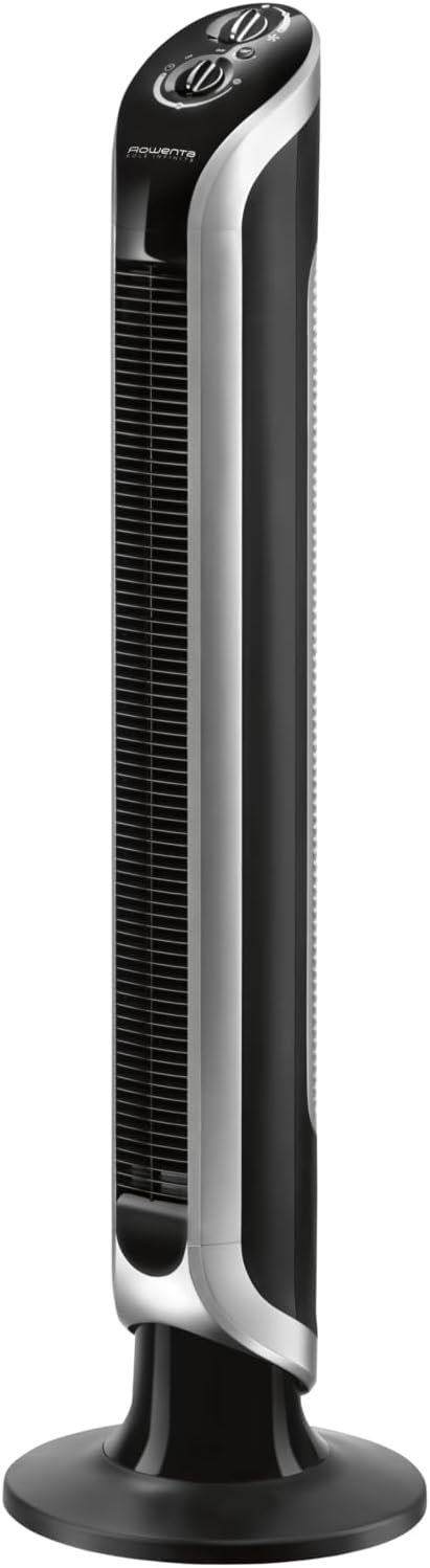 Rowenta VU6620 Ventiladores de torre, negro, Torre de 1 m de alto, 3 Velocidades, Oscilación de 180° y Temporizador hasta 3 horas, 43 dBA, Sin Aspas