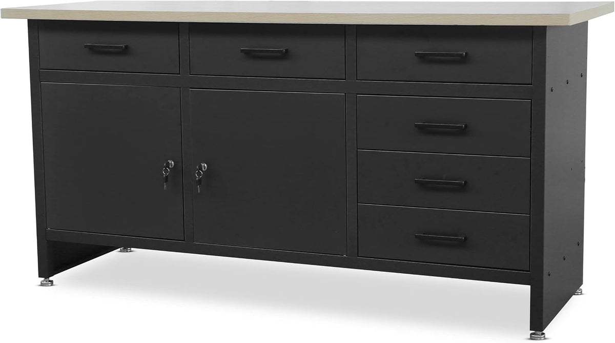 Bancos de trabajo, 170 cm, 500 kg, regulable, con cajones, metal, negro, Jan Nowak