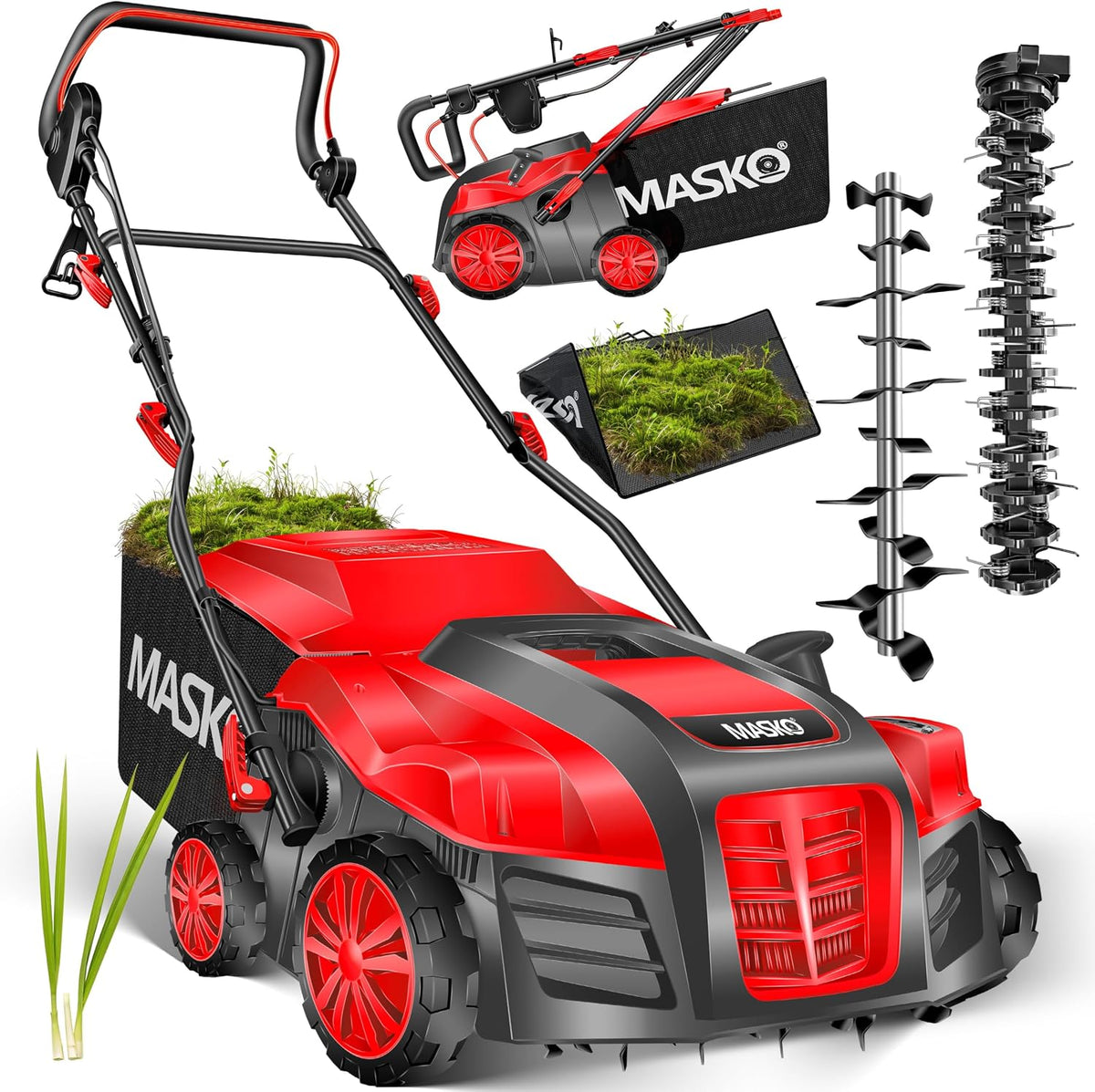 Escarificadores, 40 cm, 1800W, 55 l, regulable, rojo, Masko, MASKO Escarificador eléctrico 2 en 1, aireador de césped 1800W, 40 cm de ancho de trabajo
