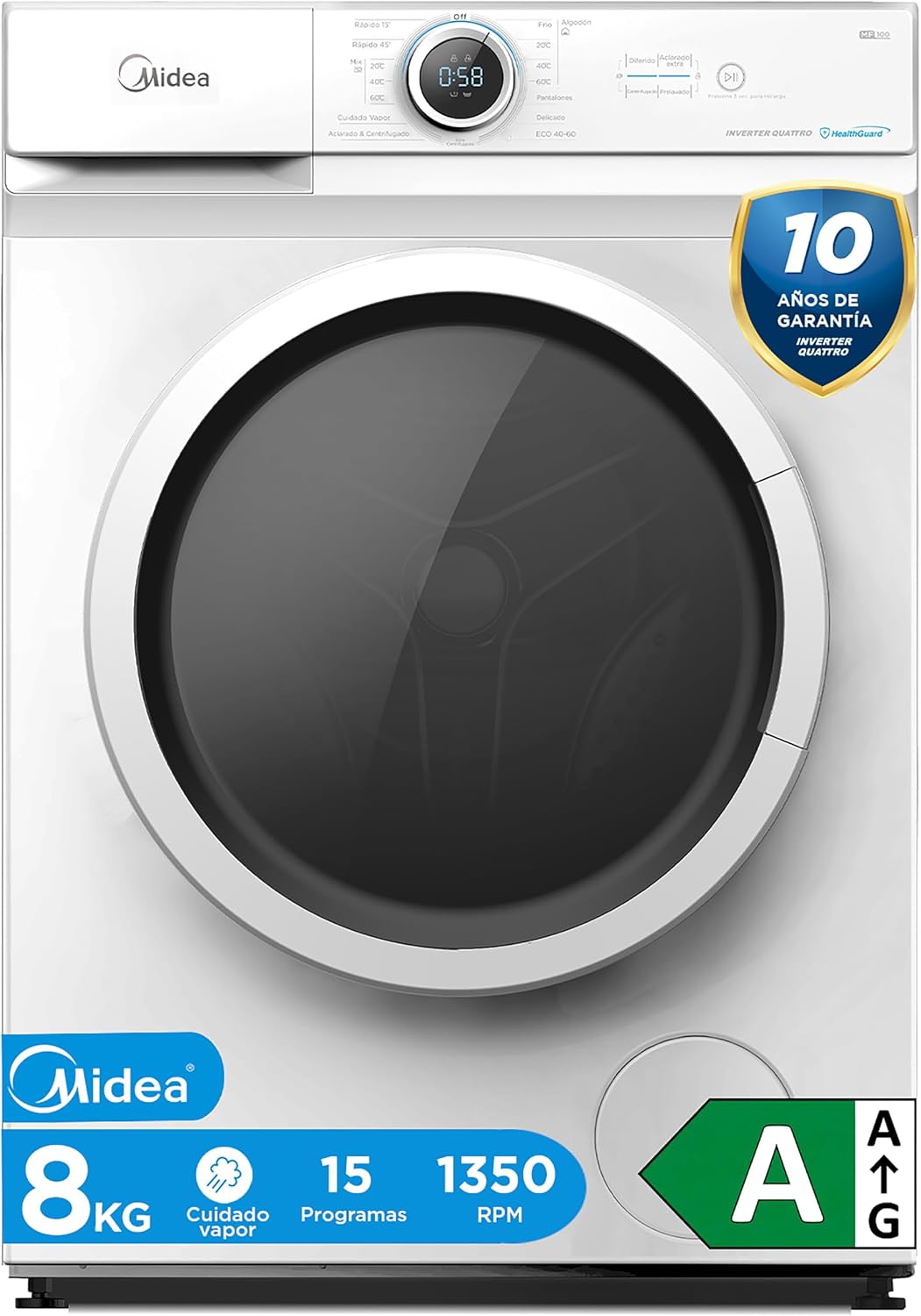 lavadora, 8kg, 1950W, Midea, Carga Frontal, 1350 rpm con Motor Inverter -