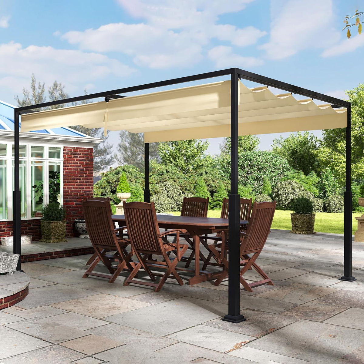Carpas y cenadores, 3 × 4 m, metal, beige, para el jardín, para la terraza, PEILU, Pérgola para exteriores de 3 x 4 m, con protección solar y viento
