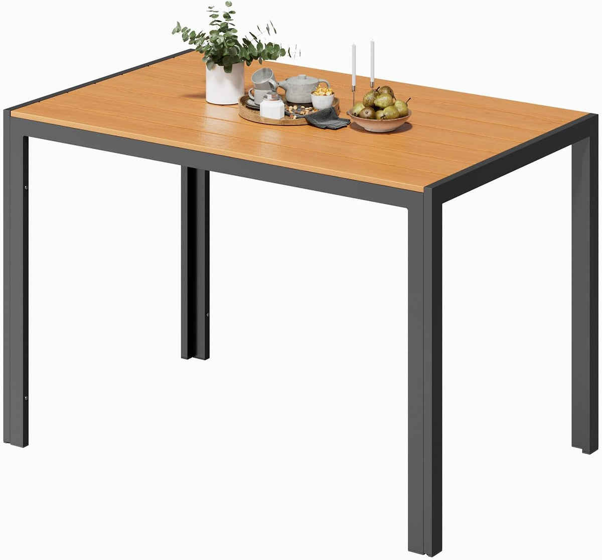 mesa de jardín, 110 × 70 × 74 cm, madera, aluminio, negro, para el jardín, para la terraza, UDPATIO